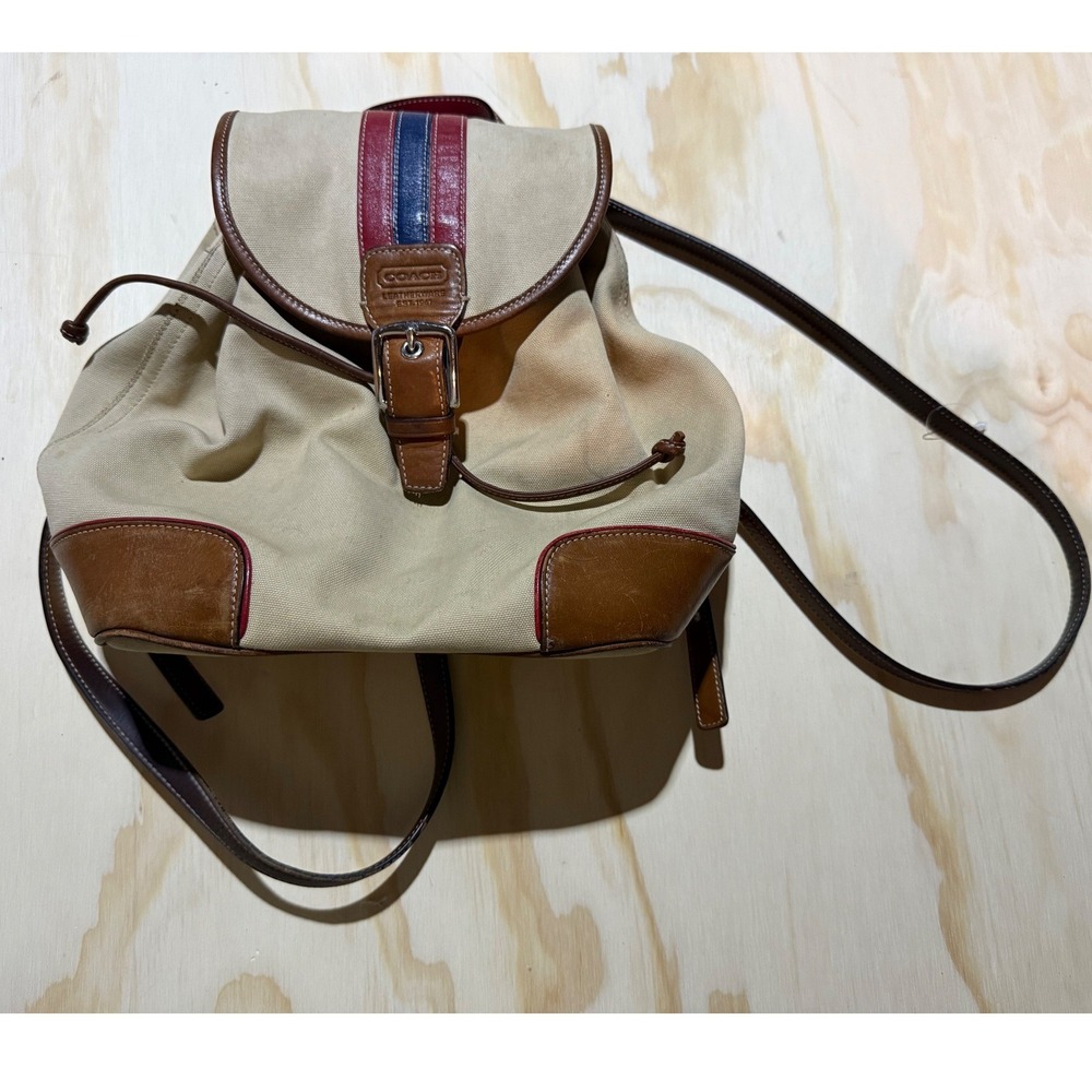 Coach Canvas Leather Trim‎ Striped Accent Drawstring Backpack Bag NWT
